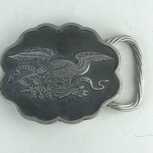VINTAGE OLD FORGE METALS PEWTER E PLURIBUS UNUM EAGLE SCALLOPED BELT BUCKLE